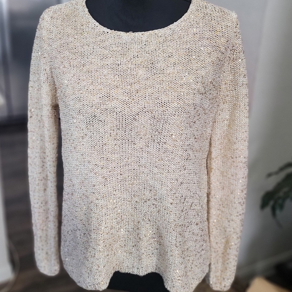 Chicos Women's Cream and Metallic Sequin Scoop Neck Sweater